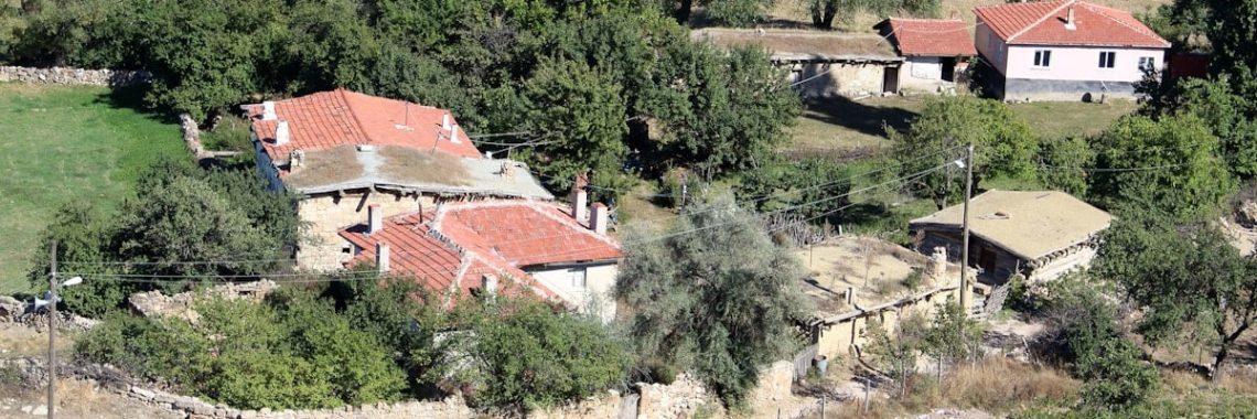 an aerial view of a house surrounded by trees